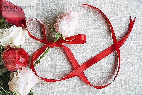 Frauentagsbild mit einer rosa Rose  die mit einem roten Band in Form der Zahl 8 gebunden ist  umgeben von roten und weißen Rosen  auf einem Vintage Stoffhintergrund