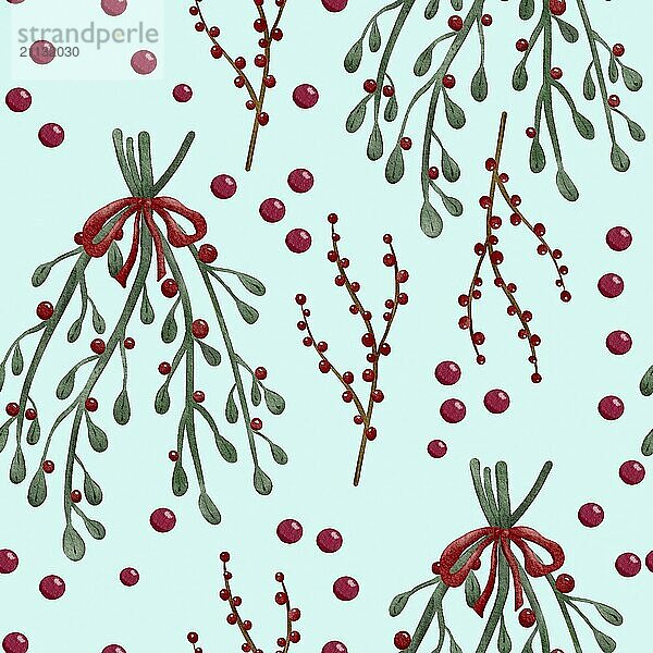 Misteln und Beeren Weihnachten florale Dekoration Aquarellmalerei  nahtlose Muster Design Illustration auf blauem Hintergrund