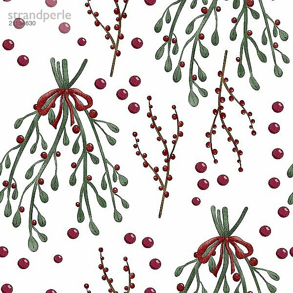 Misteln und Beeren Weihnachten florale Dekoration Aquarellmalerei  nahtlose Muster Design Illustration auf weißem Hintergrund