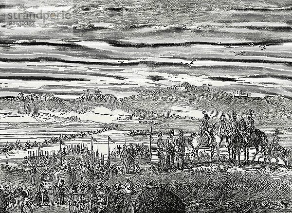 Die britische Armee bei der Überquerung des Flusses Sutlej. Erster Anglo Sikh Krieg  1845 Die britische Armee überquert den Fluss Satluj  Punjab  Indien  Asien