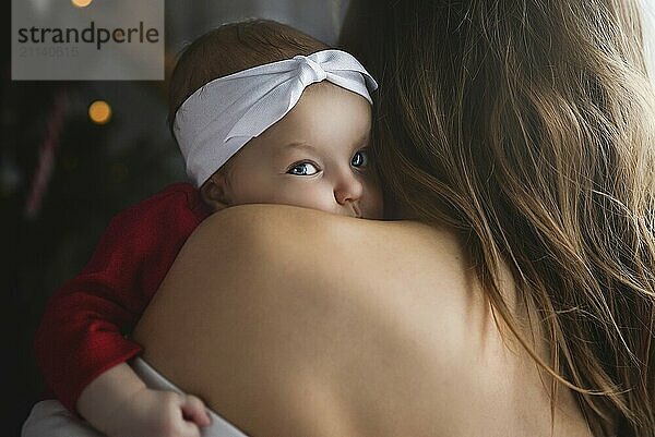 Mutter hält süßes neugeborenes Mädchen in ihren Armen. Schläfriges Baby gähnt