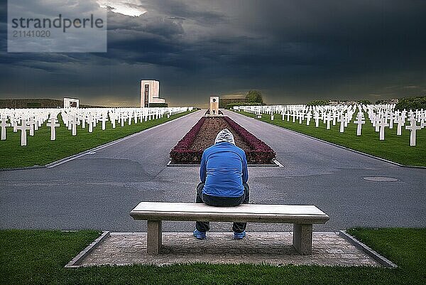 Ein Mann sitzt auf einer Bank und denkt über all die Soldaten nach  die auf diesem amerikanischen Gedenkfriedhof in Luxemburg geehrt werden