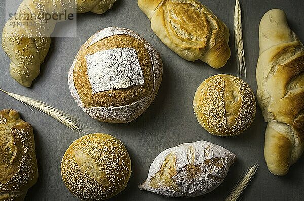 Schönes Sauerteigbrot auf grauem Hintergrund mit getrockneter Weizenblüte