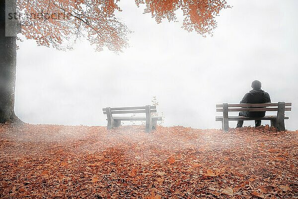 Herbstbild mit einem Mann  der allein auf einer Holzbank sitzt und nachdenkt  umhüllt von dichtem Nebel und umgeben von herbstlich bunter Natur