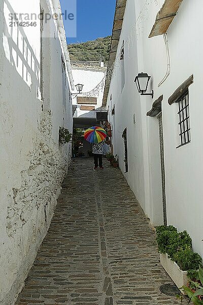 Enge Kopfsteinpflaster Gasse mit weißen Gebäuden gesäumt  Person hält einen bunten Regenschirm in einer sonnigen Szene  Alpujarras  granada  andalusien  españa