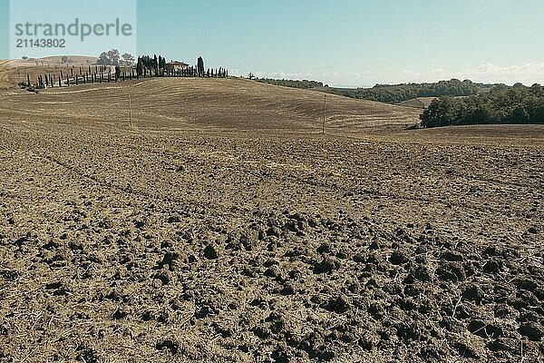 Schöne Aussicht auf die toskanische Landschaft und Sehenswürdigkeiten. Traubenfelder und Olivenöl. Von Montalcino über Montepulciano bis Siena. Sommer in Italien