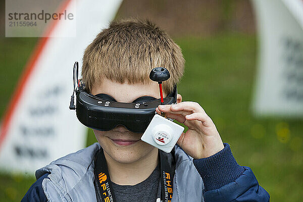 Young boy using virtual reality goggles  Chilliwack  British Columbia  Canada