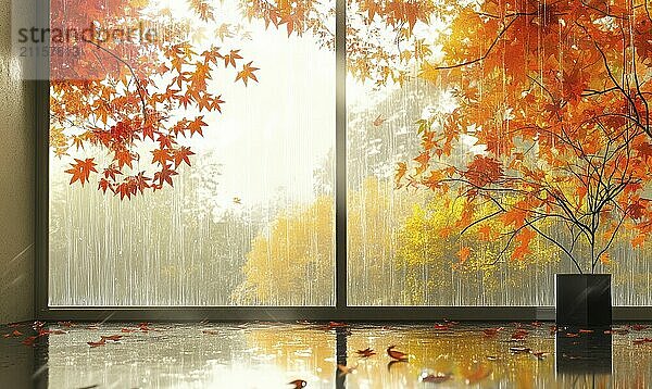 View from the large window on misty autumn landscape AI generated