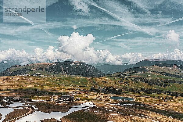 Panoramic view from the Seiser Alm to the Dolomites in Italy  drone shot