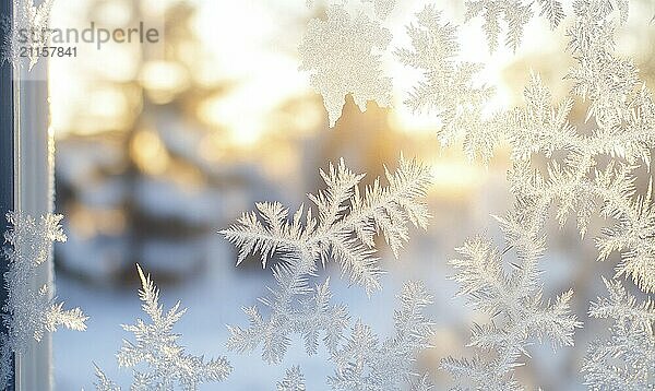 Ein Fenster mit mattiertem Glas und Schneeflocken darauf. Die Schneeflocken sind in verschiedenen Formen und Größen  und sie sind alle über das Glas verstreut. Die Szene hat eine friedliche und heitere Stimmung AI erzeugt  KI generiert