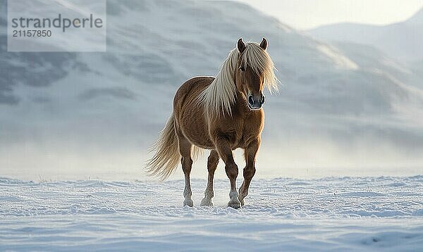 Ein braunes Pferd mit langen Haaren steht im Schnee. Das Bild hat eine friedliche und heitere Stimmung  da das Pferd allein in der schneebedeckten Landschaft KI erzeugt wird  KI generiert