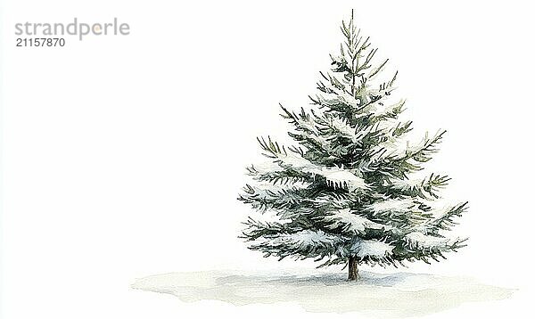 A snow covered pine tree stands alone in a white background. The tree is bare and covered in snow  giving it a peaceful and serene appearance. The white background emphasizes the tree's natural beauty AI generated