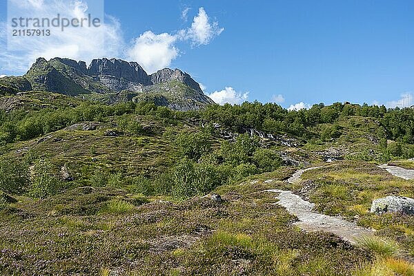 Landscape with the Sorvagen waterfall at Munkebu-stig  Sorvagen  Lofoten  Norway  Europe