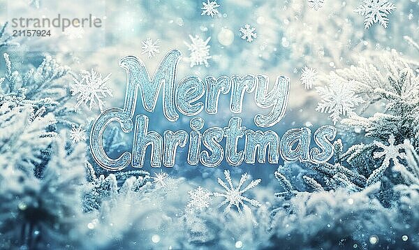 Merry Christmas is written in a frosty font on a blue background. A snowy forest with trees covered in frost and snow. The combination of the frosty font and the snowy background creates a festive AI generated