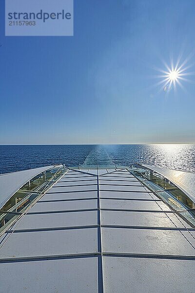 View from the ship's deck  Mein Schiff 6  of the vast sea under bright sunshine and blue skies  North Sea  Norway  Europe