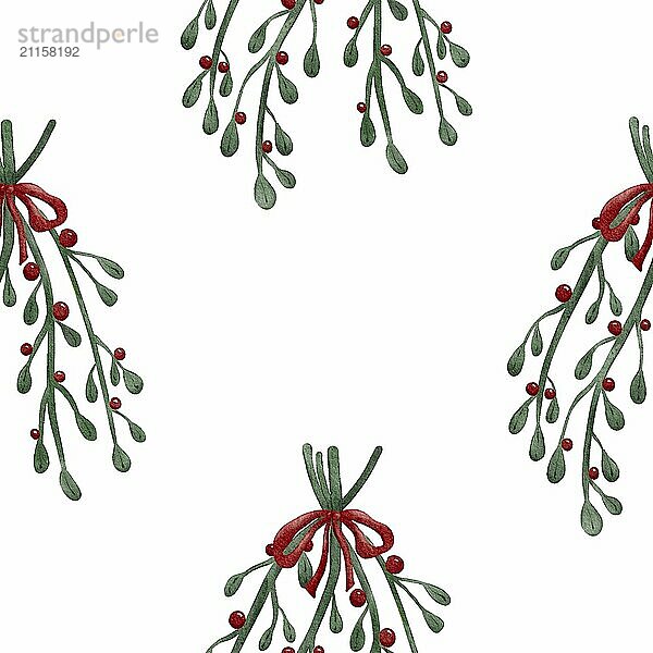 Mistletoes and berries Christmas floral decoration watercolour painting  seamless pattern design illustration on white background