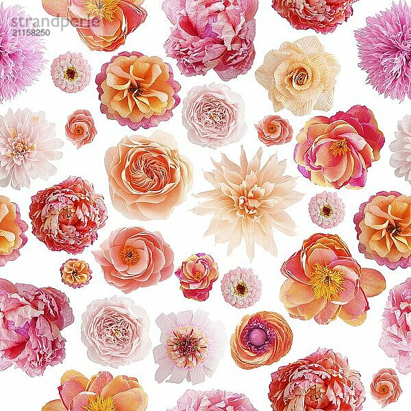 Seamless pattern with handmade crepe paper flowers on white background