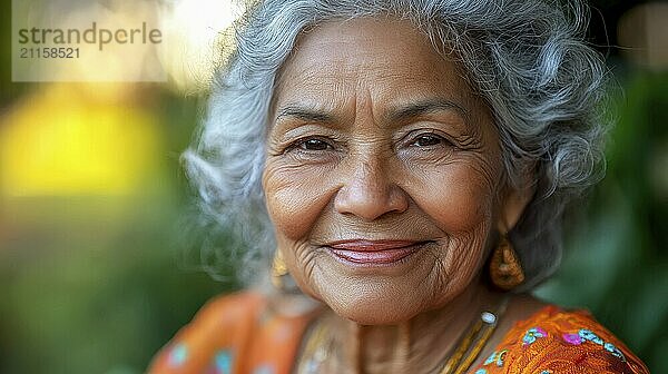 Elderly woman with gray hair and orange dress  smiling warmly outdoors  AI generated