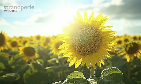 Closeup view on sunflower field  selective focus AI generated