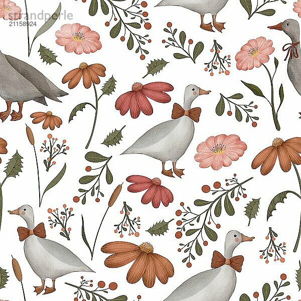 Seamless watercolor pattern illustration with geese  wildflowers and leaves on white background