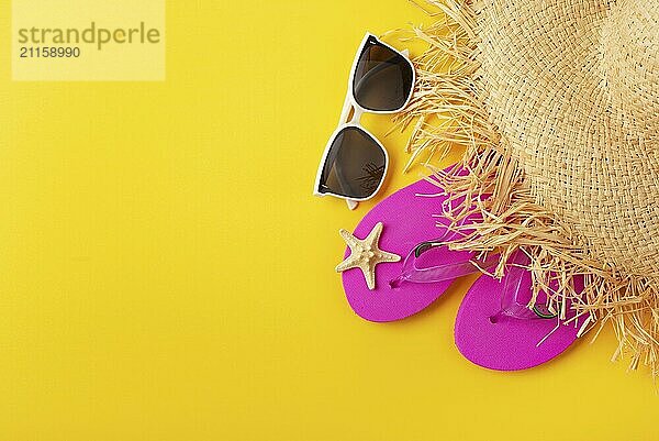 Flip flops straw hat sunglesses and starfish on yellow background vacation travel planning mockup