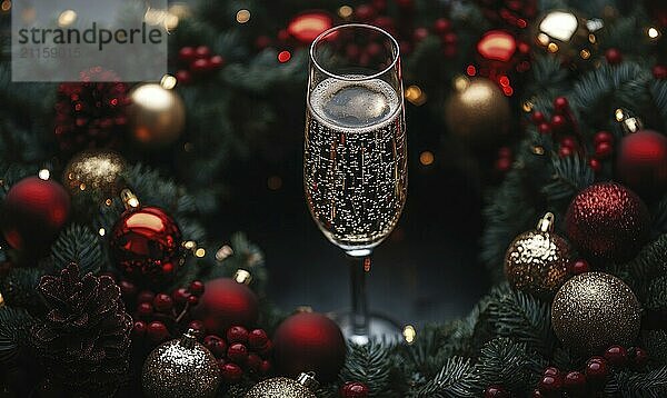 Ein Glas Champagner steht in einem Kranz aus Weihnachtsschmuck. Die Szene ist festlich und feierlich  mit dem Champagner und Ornamente  die die Freude und Fröhlichkeit der Ferienzeit KI erzeugt  KI generiert