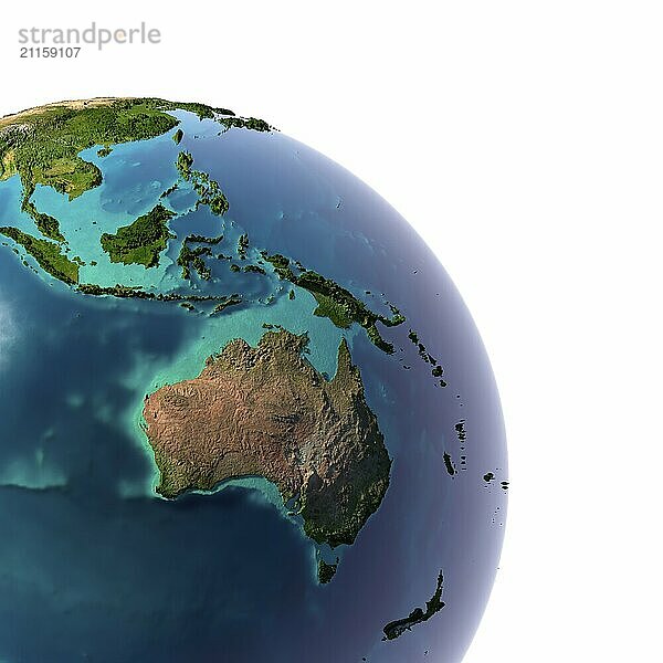 Erde mit durchscheinendem Wasser in den Ozeanen und der detaillierten Topografie der Kontinente. Ein Fragment von Australien und Ozeanien. vor weißem Hintergrund