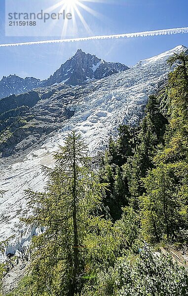 View of glacier Glacier des Bossons with sun star  behind summit of Aiguille du Midi  Chamonix  Haute-Savoie  France  Europe