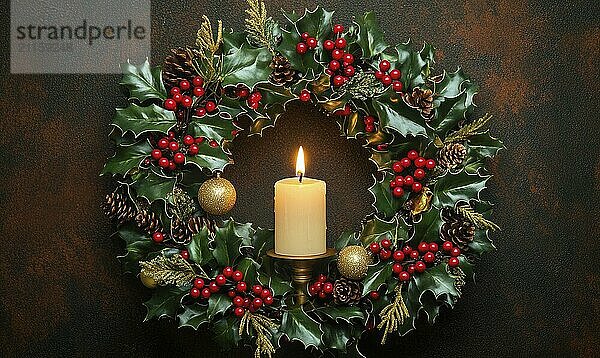 A wreath with a candle in the center. The candle is lit and surrounded by red berries. The wreath is made of evergreen leaves and is placed on a dark background. Scene is warm and cozy AI generated