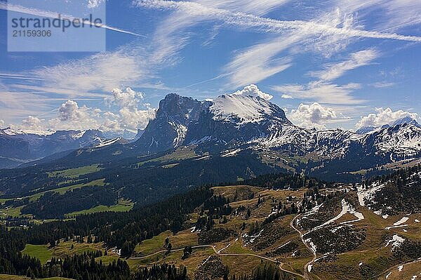 Panoramic view from the Seiser Alm to the Dolomites in Italy  drone shot