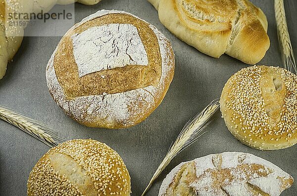 Beautiful Sourdough bread on gray background with dried wheat flower