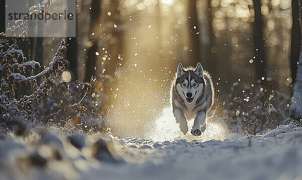 Ein Hund rennt durch den Schnee in einem Wald. Der Hund ist weiß und schwarz und er genießt den Lauf. Der Schnee fällt um den Hund herum und schafft eine friedliche und ruhige Atmosphäre AI erzeugt  KI generiert