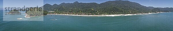 Aerial view panorama to wonderful Green Coast shoreline and mountains covered with Atlantic Forest  Picinguaba  Brazil  South America