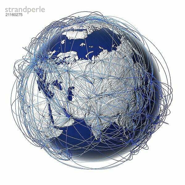 Erde mit stilisierten Kontinenten  umgeben von einem drahtgebundenen Netz  das den weltweiten Flugverkehr symbolisiert  der auf realen Daten über die Beförderung von Passagieren und Flugrichtungen beruht. vor weißem Hintergrund