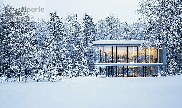 Ein großes Glasgebäude steht auf einem verschneiten Feld. Das Gebäude ist von Bäumen umgeben und er ist ein modernes Haus. Die schneebedeckte Landschaft schafft eine heitere und friedliche Atmosphäre AI erzeugt  KI generiert