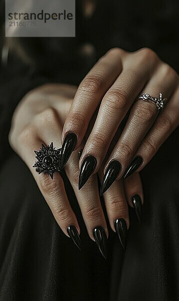 Close-up of hands with black nail polish and gothic rings against a dark background AI generated