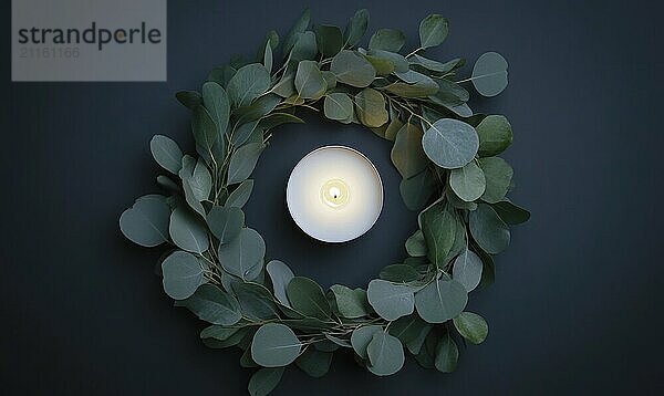 A candle is lit in the center of a wreath of green leaves. The candle is surrounded by the leaves  creating a warm and inviting atmosphere. The wreath is placed on a dark background AI generated