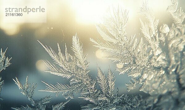 Eine Nahaufnahme eines mit Frost bedeckten Zweigs. Der Zweig ist von einem blauen Himmel umgeben und die Sonne scheint hell. Konzept der Ruhe und Friedlichkeit  wie der Frost auf dem Zweig schafft eine heitere AI erzeugt  KI generiert