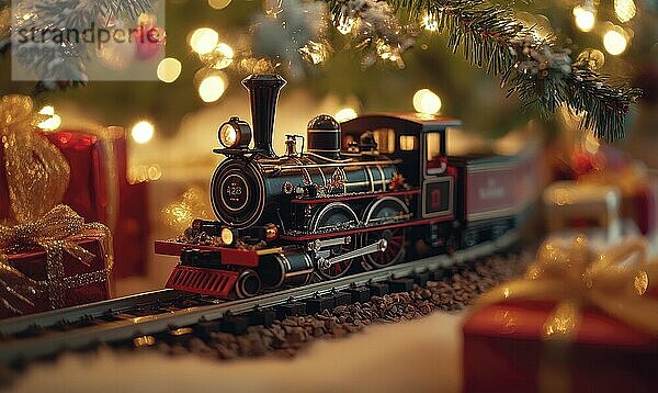 Ein Zug steht auf einem Gleis neben einem Weihnachtsbaum. Der Zug ist eine Modelleisenbahn und ist von Geschenken umgeben. Die Szene ist festlich und fröhlich  da sie den Geist von Weihnachten einfängt KI erzeugt  KI generiert