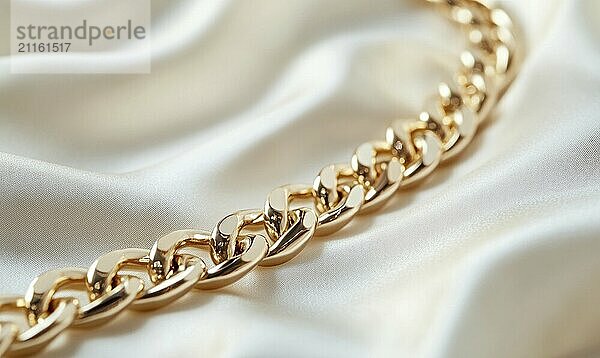 A gold chain with a gold clasp is laid out on a white background. The chain is long and has a gold clasp  which is visible at the end AI generated