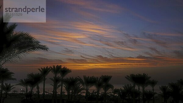 Schöne Landschaft mit Palmen am Strand des Resorts und Sonnenaufgang über dem Meer