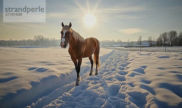 Ein Pferd geht im Schnee spazieren  während die Sonne auf es scheint. Die Szene ist friedlich und heiter KI erzeugt  KI generiert