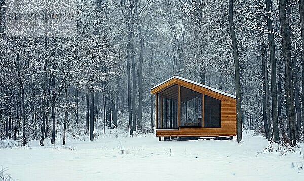 Eine kleine Holzhütte steht im Schnee in einem Wald. Die Hütte ist von Bäumen umgeben und der Schnee bedeckt den Boden. Die Szene ist friedlich und heiter KI erzeugt  KI generiert