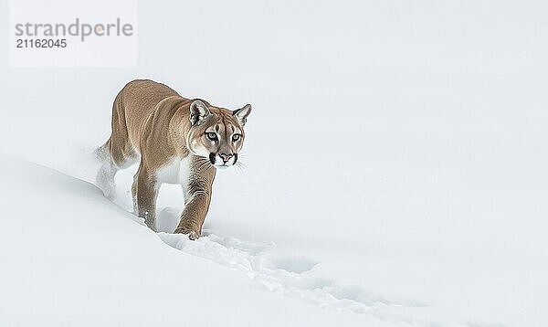 Eine große braune Katze läuft durch den Schnee. Die Katze geht auf den Hinterbeinen und hat die Vorderpfoten im Schnee. Das Bild hat eine friedliche und heitere Stimmung KI erzeugt  KI generiert