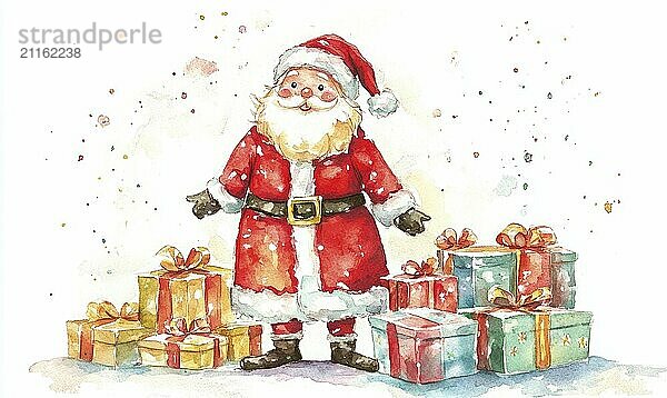 Ein Aquarell von Santa Claus  der vor einem Stapel von Geschenken steht. Das Gemälde hat eine festliche und fröhliche Stimmung  mit den hellen Farben und dem fröhlichen Thema AI erzeugt  KI generiert