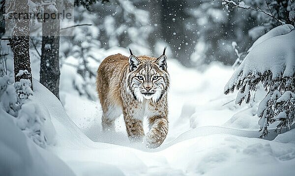 Luchs beim Spaziergang durch den Schnee. Die Katze schaut in die Kamera. Das Bild hat eine friedliche und heitere Stimmung AI erzeugt