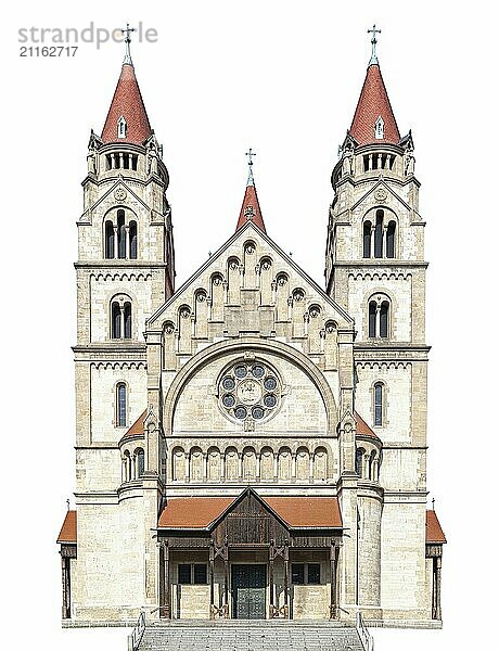 Die Fassade der Kirche des Heiligen Franz von Assisi Österreich vor weißem Hintergrund