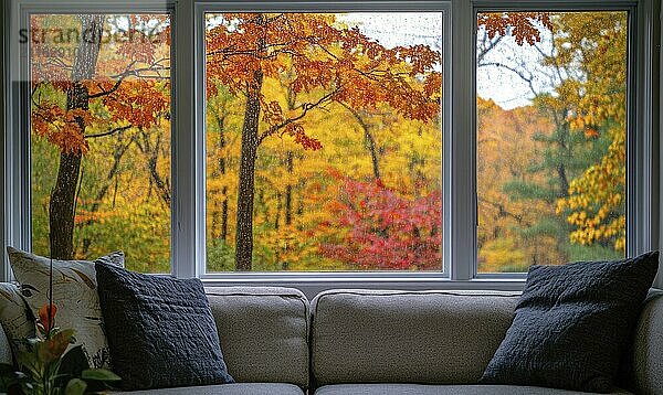 View from the large window on misty autumn landscape AI generated