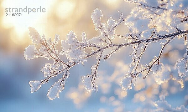 Ein mit Schnee und Frost bedeckter Zweig. Die Sonne scheint auf den Zweig und schafft eine schöne und heitere Szene AI erzeugt  KI generiert