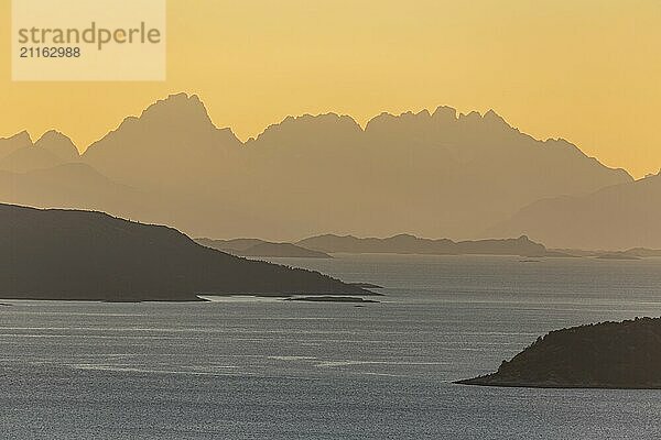 Mountain landscape and fjord  evening light  distant view  view of Lofoten  Norway  Europe